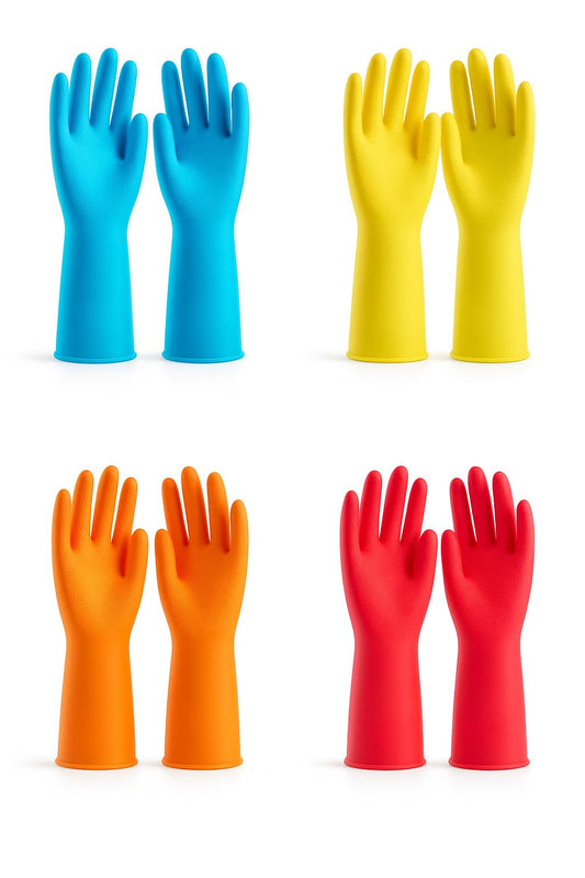 ColoPure Reusable Rubber Gloves, 4-Pack (Blue, Yellow, Orange, Pink), BPA-Free, Non-Slip, Waterproof for Cleaning & Kitchen