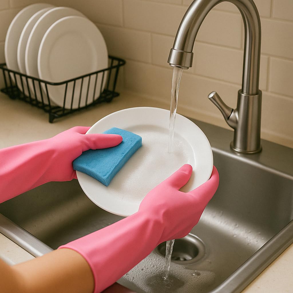 ColoPure Reusable Rubber Gloves, 4-Pack (Blue, Yellow, Orange, Pink), BPA-Free, Non-Slip, Waterproof for Cleaning & Kitchen
