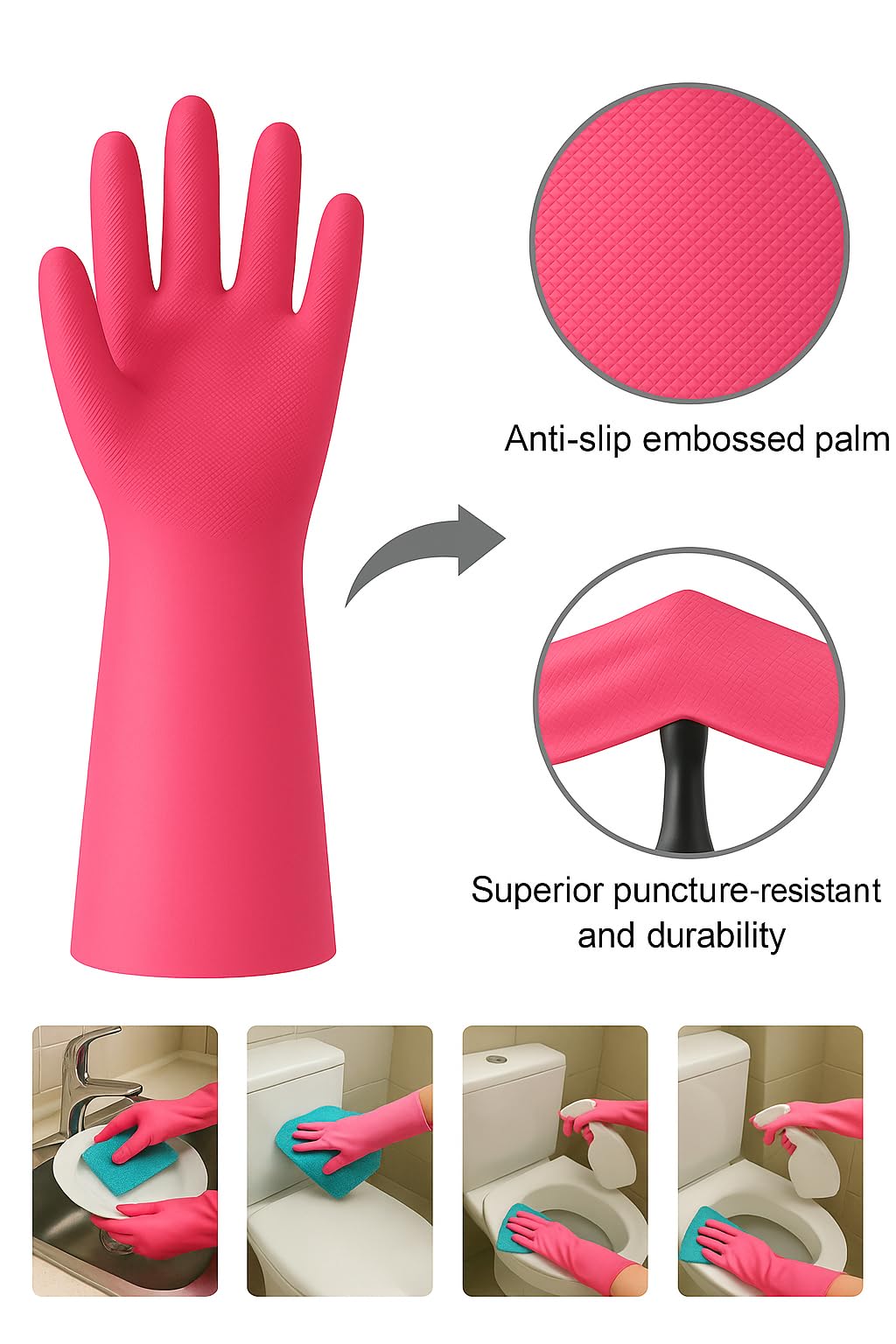 ColoPure Reusable Rubber Gloves, 4-Pack (Blue, Yellow, Orange, Pink), BPA-Free, Non-Slip, Waterproof for Cleaning & Kitchen